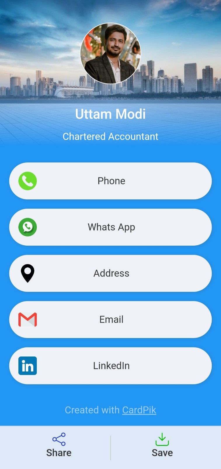 An example of a Chartered Accountant smart digital business card, created with CardPik.