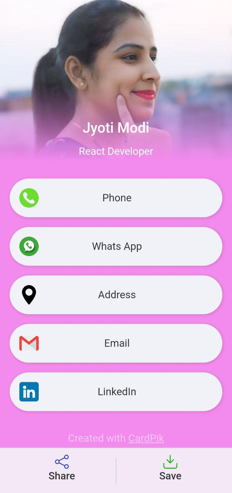 An example of a React Developer digital business card, created with CardPik.