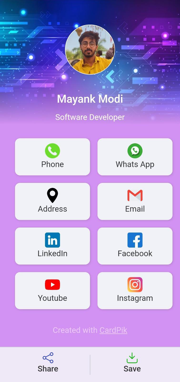 An example of a Software Developer digital business card, created with CardPik.
